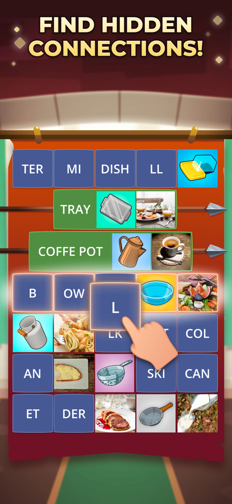A mobile game screen from Word Logic showing a grid of picture and word tiles where a player connects syllables to identify common themes.