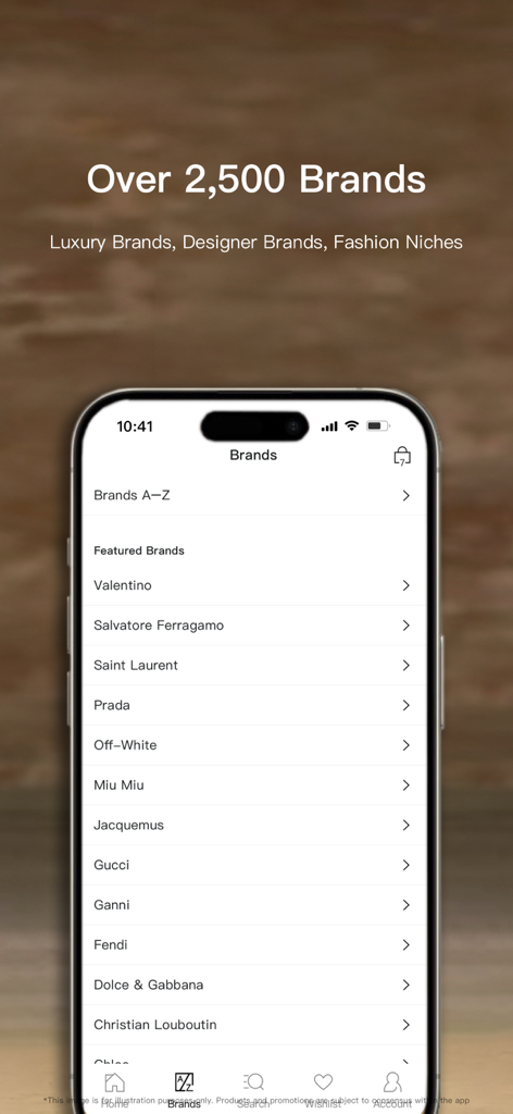 SENSER-Shop Luxury Fashion - A mobile interface showing a list of over 2500 luxury designer brands available on the SENSER shopping app.