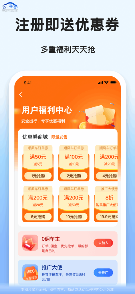 A rewards screen from the Yivi carpooling app showing several discount coupons and referral programs in Chinese.