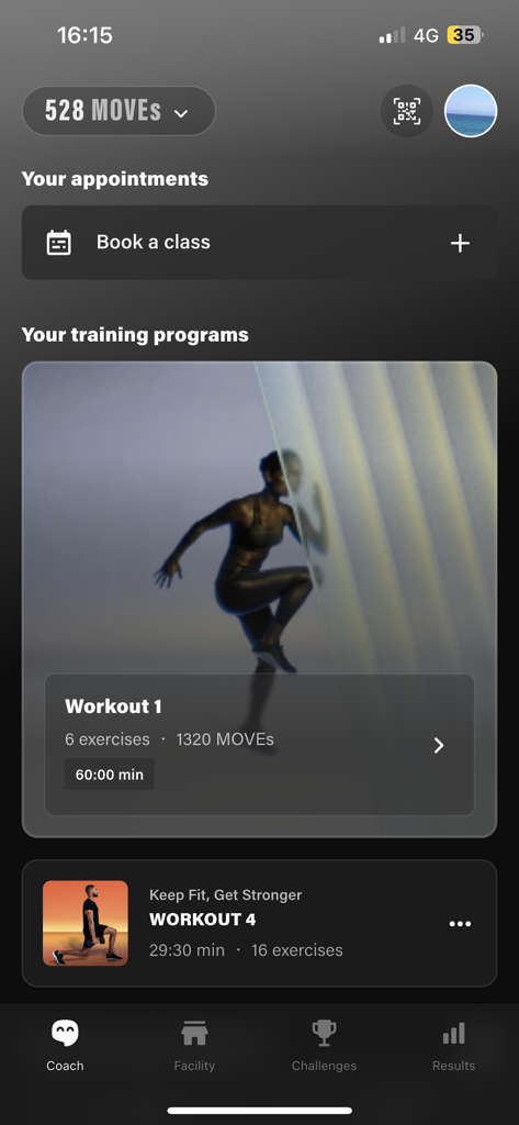 Bannatyne Health Club app coach interface showing personalized workout programs and class booking options