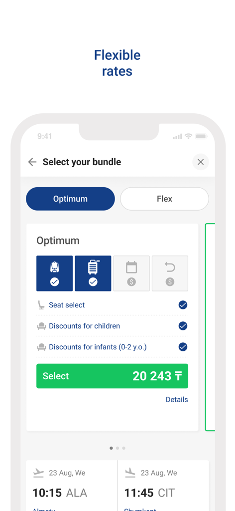 SCAT航空アプリのモバイルインターフェース。フライトバンドルと柔軟な料金を選択できます。