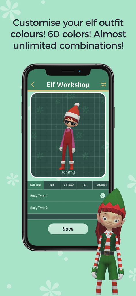 Elf Studio - Interfaccia dell'Officina degli Elfi dell'app Elf Studio che mostra le opzioni di personalizzazione dei personaggi per abiti e colori.