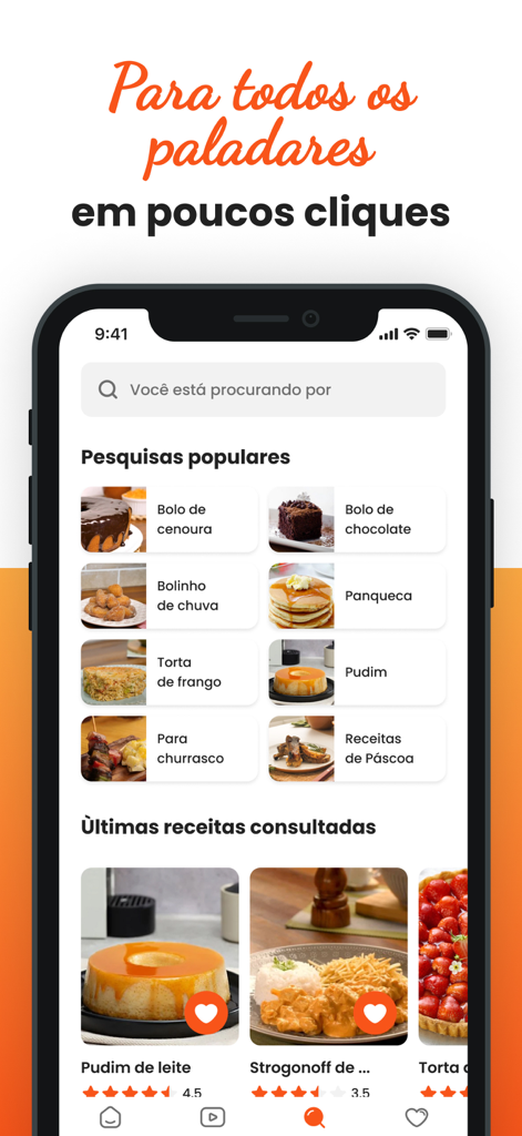 TudoGostoso Receitas - Interface de recherche de l'application de recettes TudoGostoso affichant les catégories de plats brésiliens populaires