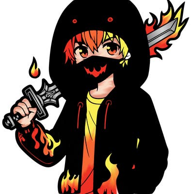anime boy with hoodie with sword, a cool fancy flame design