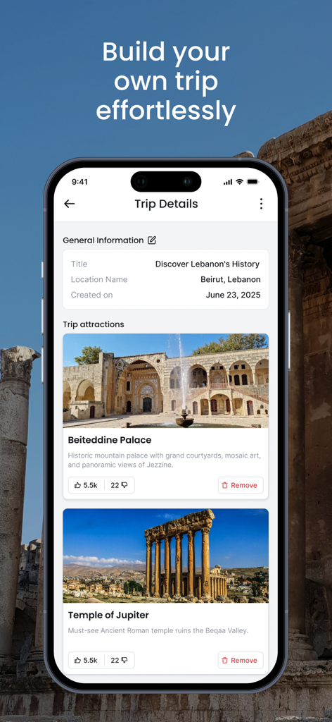 Ministry of Tourism Lebanon - A mobile screen from the Ministry of Tourism Lebanon app showing a custom trip itinerary with historical sites like Beiteddine Palace and the Temple of Jupiter.