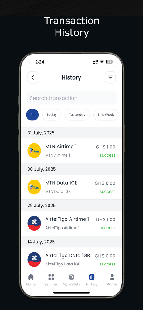 KiKi - KiKiアプリの取引履歴画面。通信時間とデータの購入が成功した履歴が表示されます。