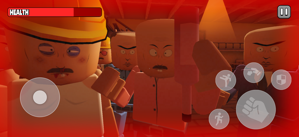 Capture d'écran du gameplay montrant des personnages carrés dans un combat avec une superposition de dégâts rouges