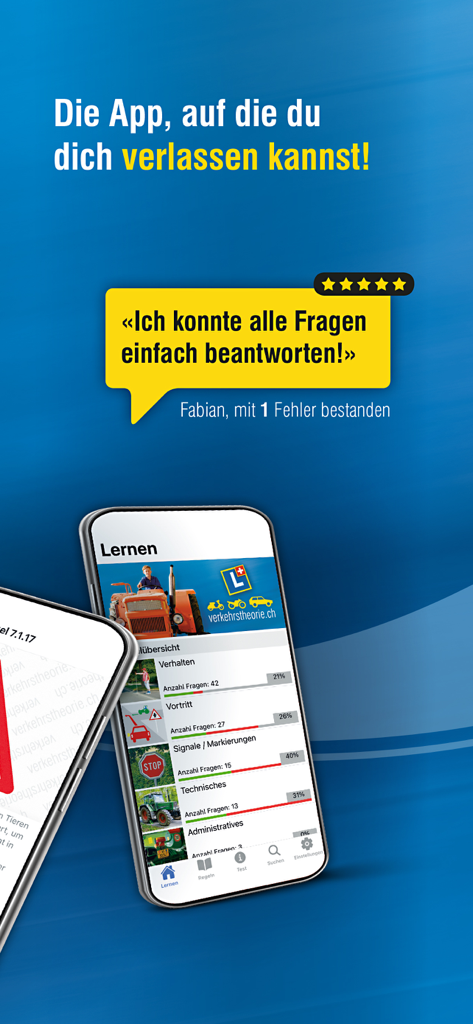 vTheorie Traktor - The vTheorie Traktor app interface showing progress bars for different tractor theory test categories.