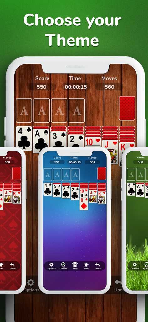Solitaire - Classic Card 2026 - Multiple mobile screens displaying different background themes and card designs for Solitaire Classic Card 2026
