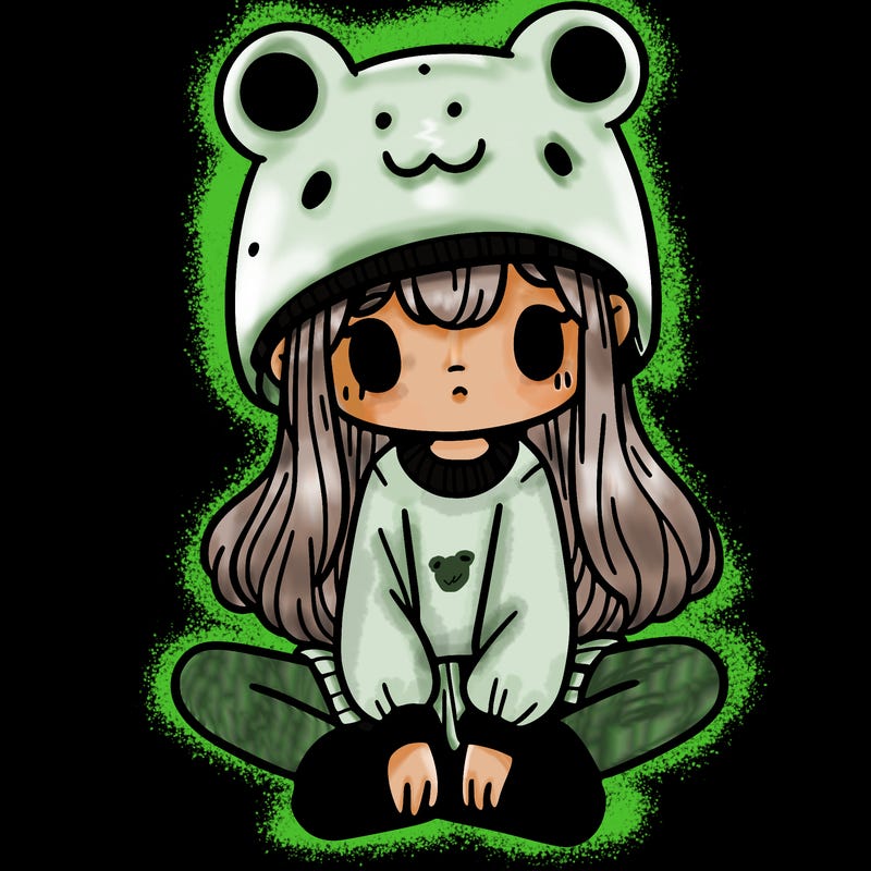a girl wearing a frog hat and some frog socks