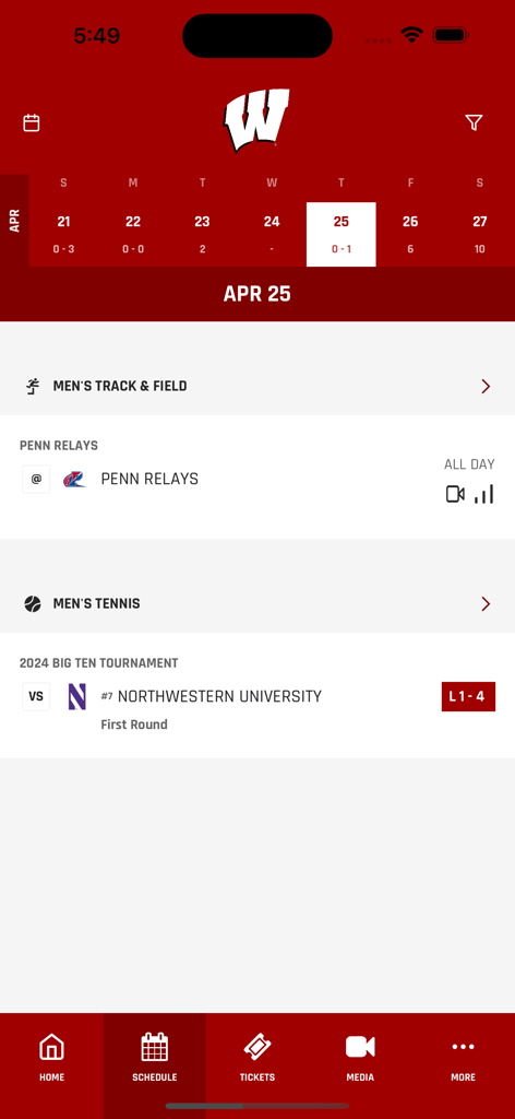 Wisconsin Badgers official app schedule screen displaying upcoming athletic events
