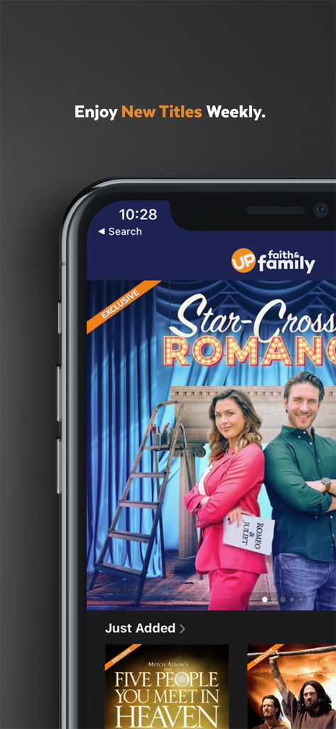 UP Faith and Family app interface showing exclusive movies and weekly new releases