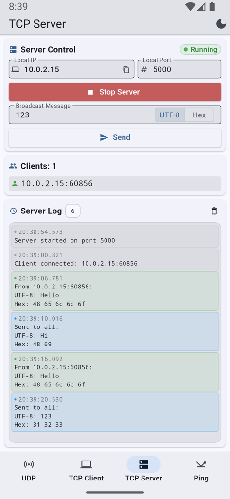 Interface of the TCP Server feature showing server control settings and detailed activity logs