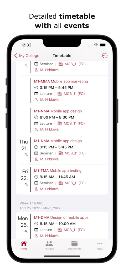 My College 2 - A mobile app screen displaying a detailed university course timetable with lecture and seminar schedules