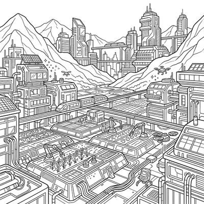 Dive into a unique coloring experience with this intricate Cyberpunk Fertile Valley scene. Imagine a future where lush agriculture thrives amidst glowing neon outlines and high-tech structures, ready for your creative touch.