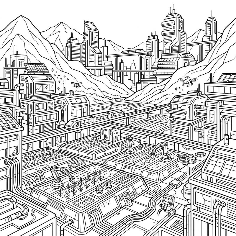Dive into a unique coloring experience with this intricate Cyberpunk Fertile Valley scene. Imagine a future where lush agriculture thrives amidst glowing neon outlines and high-tech structures, ready for your creative touch.