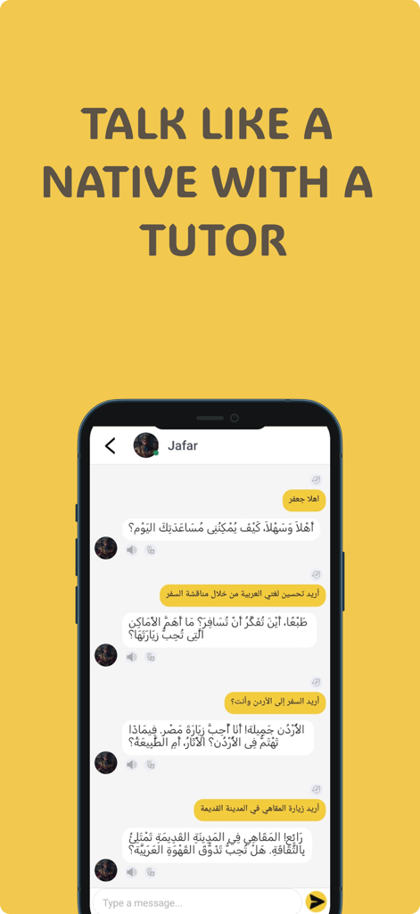 Nawa: Learn Arabic - Interfaz de aplicación móvil que muestra una conversación de chat con un tutor de IA para practicar habilidades del idioma árabe
