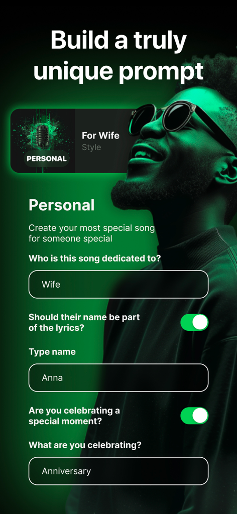 記念日のために個人専用のAIソングプロンプトを作成するためのモバイルインターフェイス。