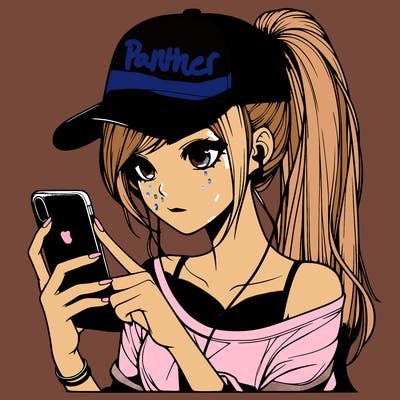 realistic girl with a long ponytail and trucker hat holding an iphone