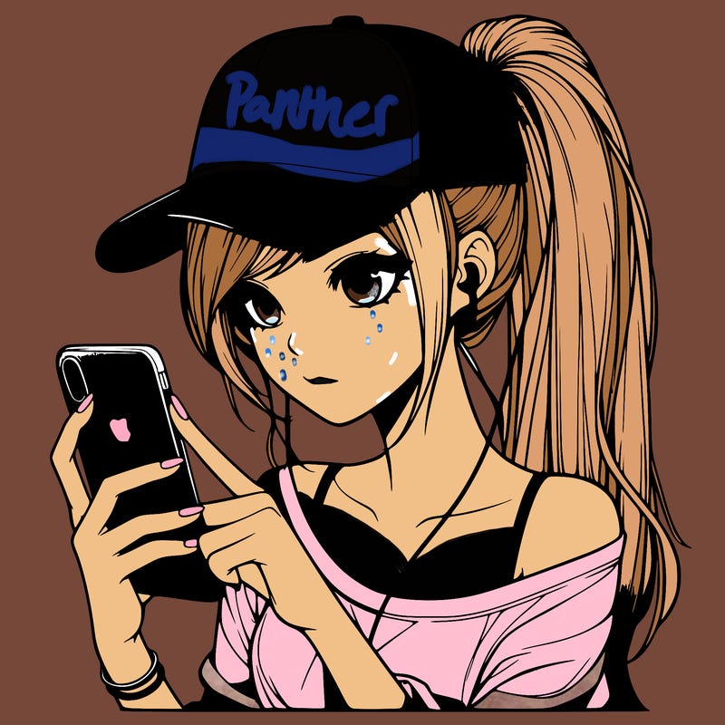 realistic girl with a long ponytail and trucker hat holding an iphone