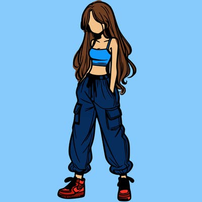 girl in baggy pants crop top and long hair