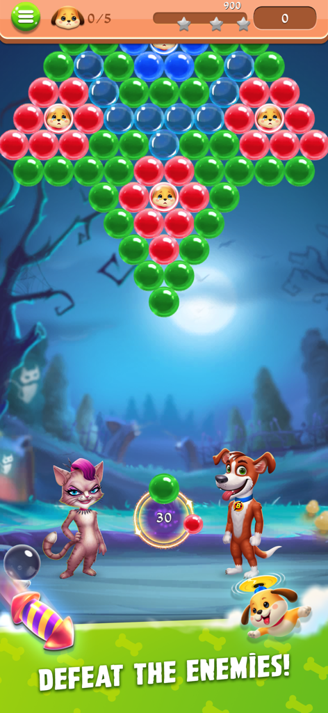 Bubble Shooter King - Bubble Shooter King gameplay screen showing a bubble puzzle with dog and cat characters