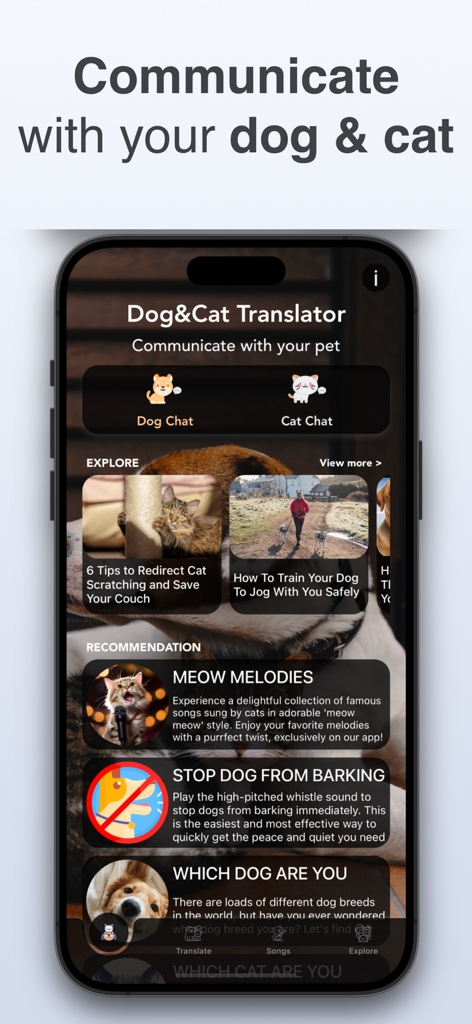 Dog & Cat Translator: Pet Chat - Main interface of the Dog and Cat Translator app featuring pet chat and training tips