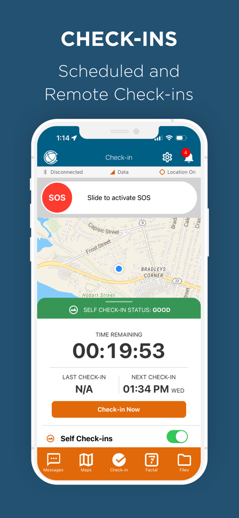 EVERYWHERE App - Interface of the EVERYWHERE App showing the scheduled check-in feature with an SOS slider and map tracking