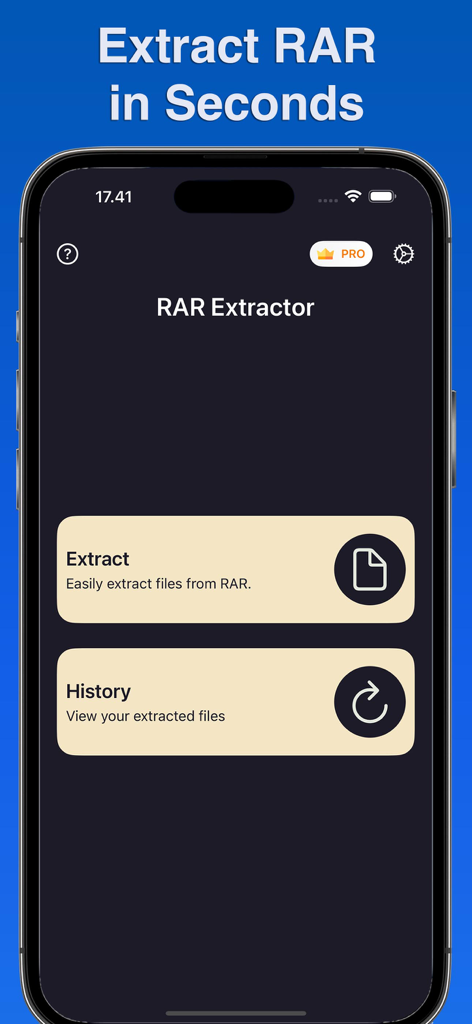 RAR Extractor・Unrar・Unarchiver - Interface principal do aplicativo Extrator RAR com botões para extrair arquivos e ver histórico.