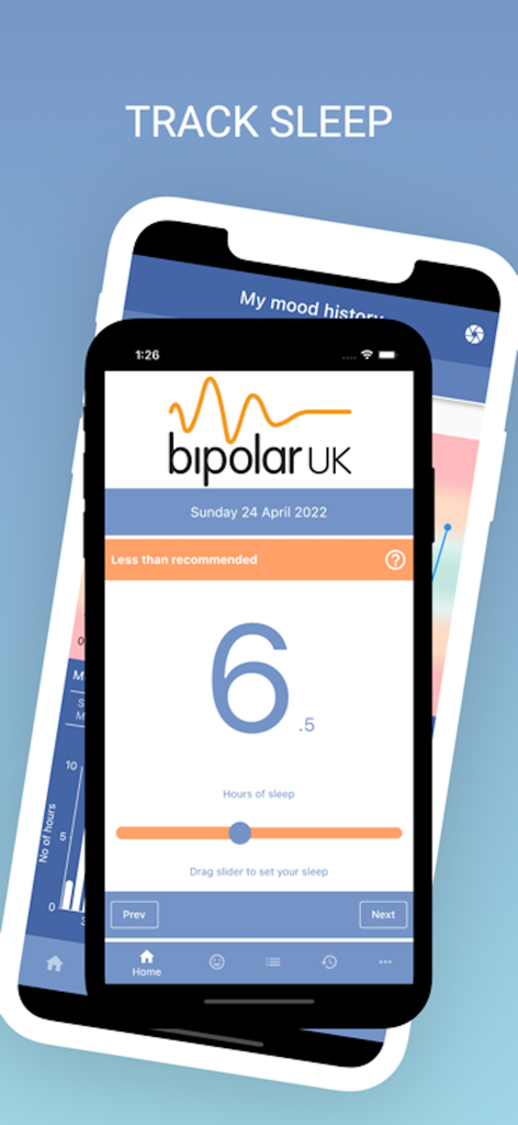 Bipolar UK Mood Tracker - Bipolar UK Mood Tracker app interface showing the sleep tracking feature with a slider to set hours of sleep.