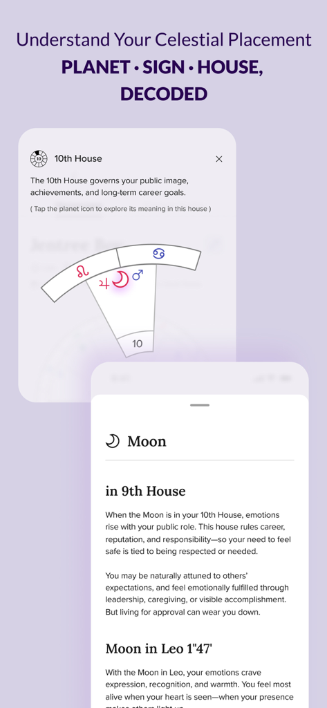 FORCETELLER - Astra Horoscope - Forcetellerアプリの出生図分析画面で、惑星の位置と占星術のハウスを説明しています。