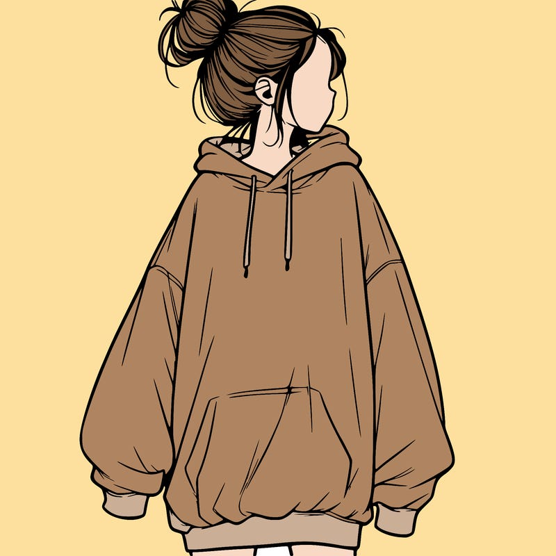 realistic girl with a oversized sweatshirt on and a bun