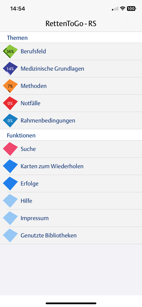 RETTEN TO GO RS app interface showing medical training categories and learning progress