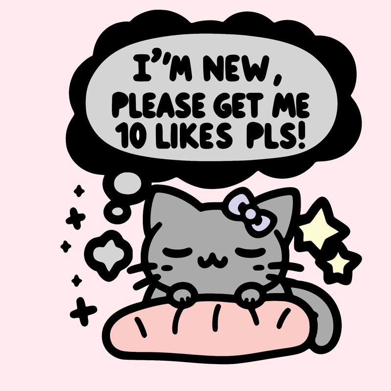 kitty taking a nap dream talking and saying "i'm new, please get me at least 10 likes pls!!"