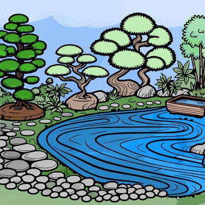 a serene zen garden with raked gravel, bonsai trees, and tranquil ponds