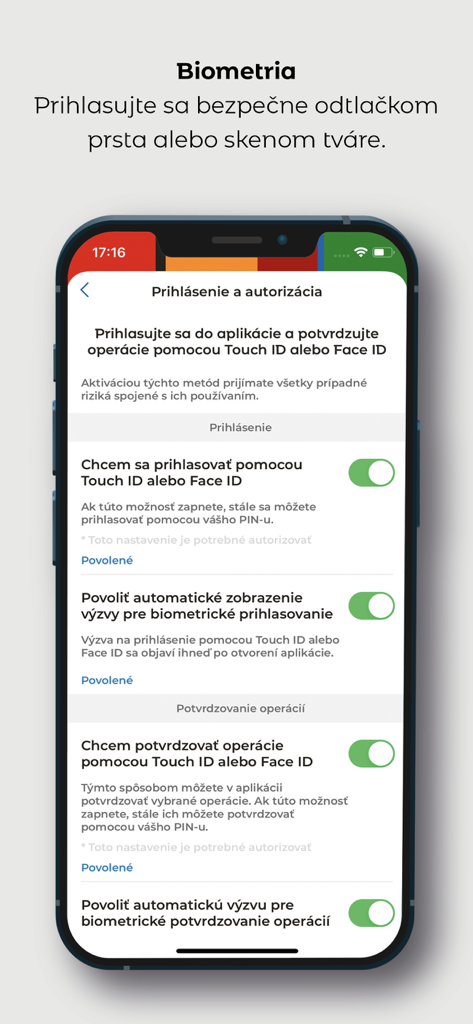 Schermata delle impostazioni dell'app mBank SK per l'accesso biometrico e l'autorizzazione