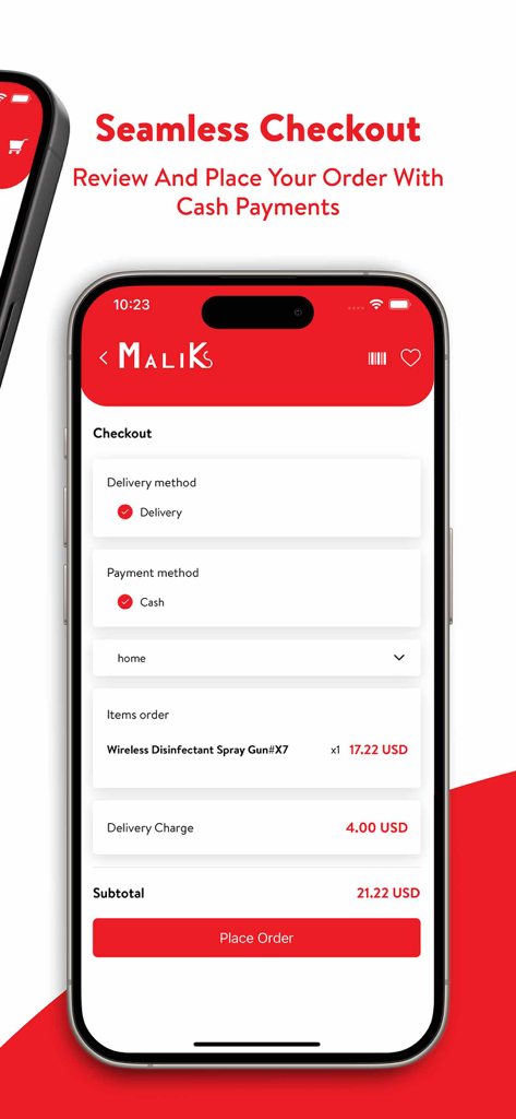 Pantalla de pago de la aplicación de compras Maliks que muestra los detalles de entrega y la opción de pago en efectivo