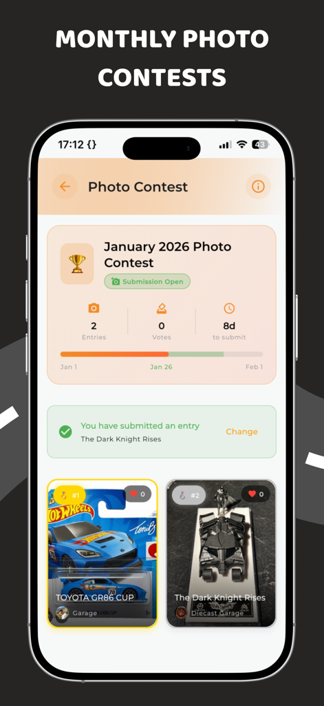 Diecast Hub monthly photo contest screen showing car collection entries and submission status