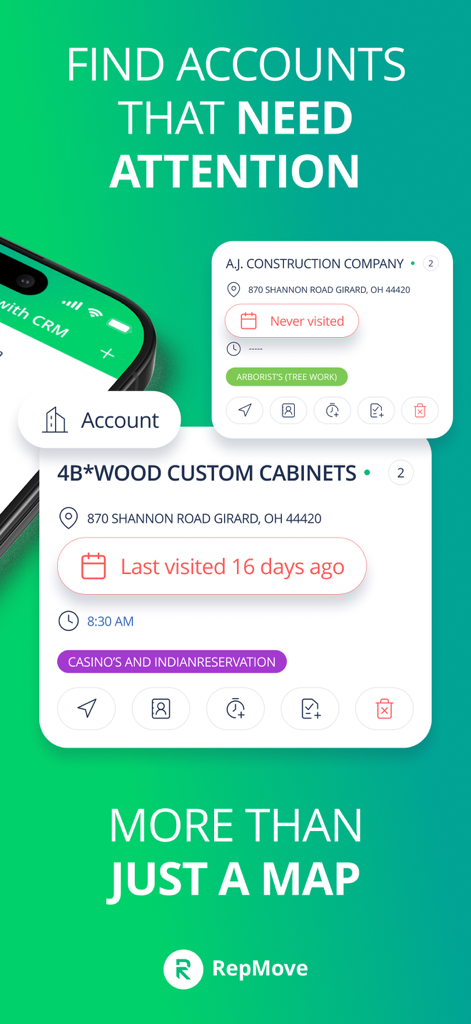 Interfaz del CRM móvil RepMove que muestra tarjetas de cuentas comerciales con historial de visitas y actualizaciones de estado para representantes de ventas
