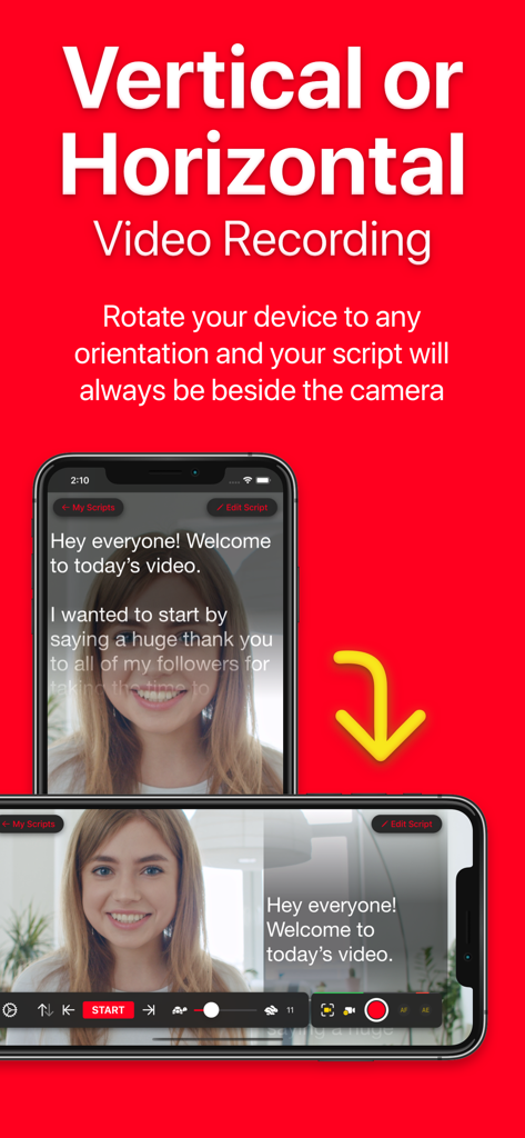 Video Teleprompter - Video Teleprompter app showing script alignment in both vertical and horizontal recording modes
