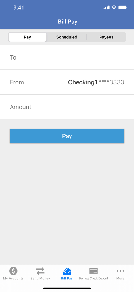 Connex Credit Union Mobile - Bill pay interface within the Connex Credit Union mobile app showing payment fields and account selection.