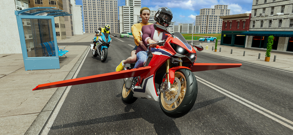 Flying Motorbike: Bike Games - A red flying motorbike with wings carrying a passenger through a city street in a flight simulator game.