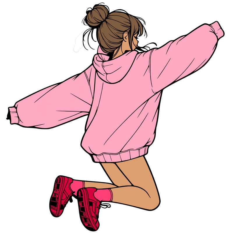 realistic girl jumping with a bun and oversized sweatshirt