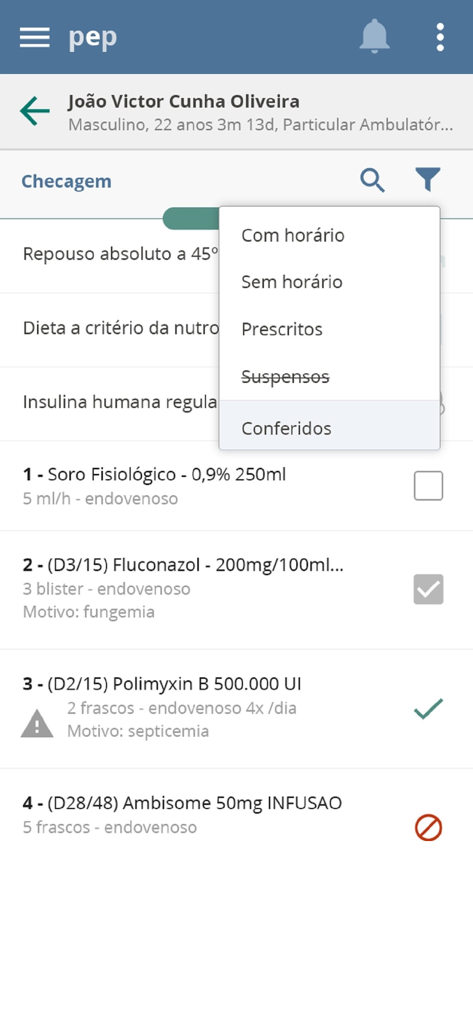SOULMV PEP - SOULMV PEP mobile app screen displaying a list of patient medications and administration status.