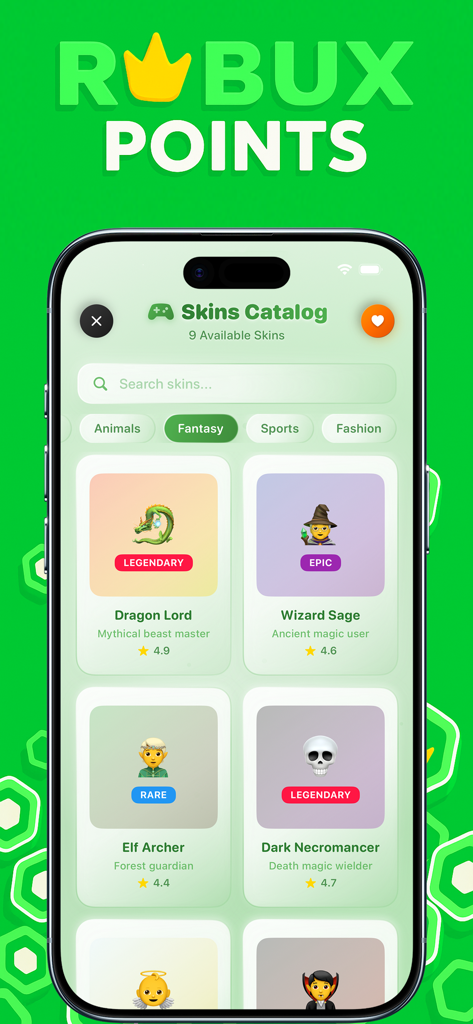 Robux Points | for Roblox ™ - Schermata del catalogo skin dell'app Robux Points che visualizza varie skin di personaggi fantasy leggendari ed epici come Dragon Lord e Wizard Sage
