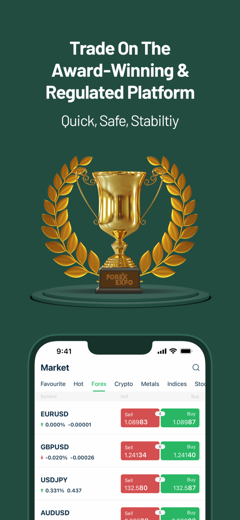 Trade W - Investment & Trading - Tela de smartphone exibindo o mercado de forex do Trade W e um troféu de prêmio dourado.