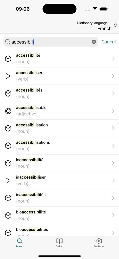 Resultados de búsqueda de accesibilidad en la interfaz del diccionario francés de TAD