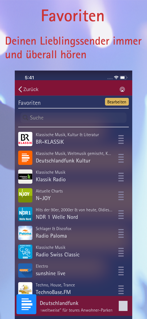 phonostar Radio - Radioplayer - Screenshot der phonostar Radio App, der das Favoritenmenü mit einer Liste kuratierter Radiosender wie BR-Klassik und Deutschlandfunk Kultur zeigt
