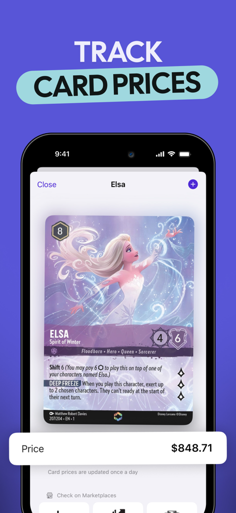 TCG Card Scanner for Lorcana - Mobile app interface displaying the market price of a Disney Lorcana Elsa card