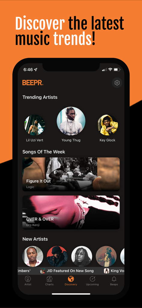 BEEPR app discovery screen featuring trending artists and songs of the week